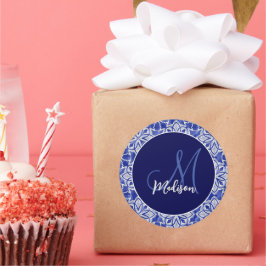 Stilvoll gürtelblau graue erste mit Monogramm Runder Aufkleber