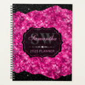 Stilvoll Hot Pink Glitzer und Black Edges Monogram Planer (Vorderseite)