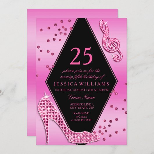 Stilvoll Hübsch Glitzy Pink 25. Geburtstag Einladung (Vorne/Hinten)