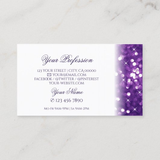 Stilvoll Lila funkelnder Glitzer White Glamour Visitenkarte (Rückseite)