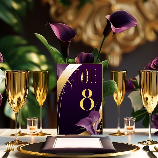 Stilvoll Lila und Gold Calla Lily Tischnummer