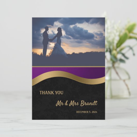 Stilvoll Lila und Gold Dankeskarte (Stehend Vorderseite)