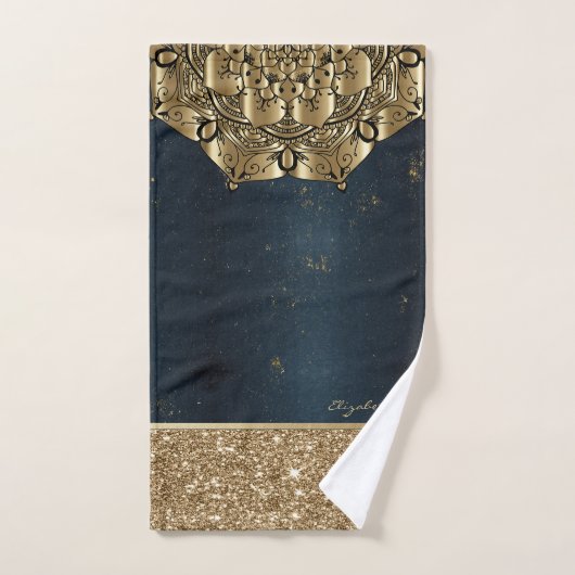 Stilvoll Mandala,Gold Stripes Glitzer Navy Blue Badhandtuch Set (Handtuch)