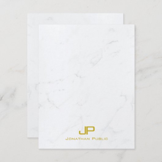 Stilvoll Mit Monogramm, moderner, goldweißer Marmo Mitteilungskarte (Vorne/Hinten)