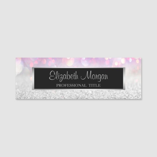 Stilvoll modern, Rahmen, Silberer Glitzer Bokeh Namensschild (Vorderseite)