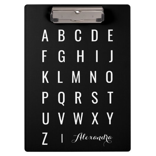 Stilvoll moderne Schwarz-Weiß-Alphabete Klemmbrett (Vorderseite)