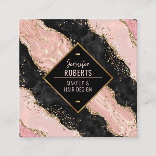 Stilvoll moderner Black & Pink Marble Gold Glitzer Quadratische Visitenkarte (Vorderseite)