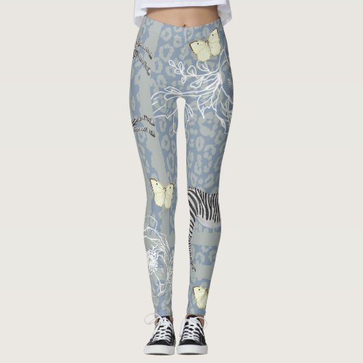 Stilvoll modernes eklektisches Vintages Blau Grau Leggings (Vorderseite)