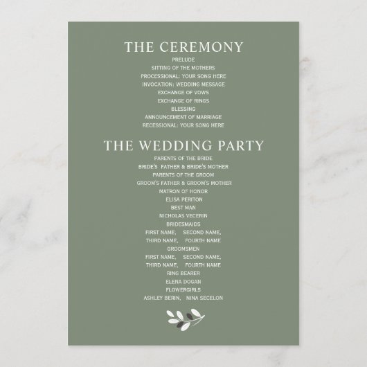 Stilvoll Olivenzweig mediterrane grüne Hochzeit Programm (Rückseite)