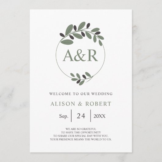 Stilvoll Olivenzweig Mittelmeercharme Hochzeit Programm (Vorderseite)