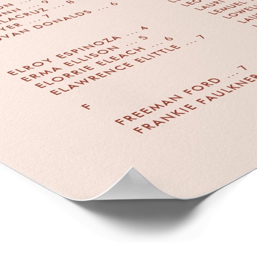 Stilvoll Pfirsichrosa Alphabetisches Sitzdiagramm Poster (Ecke)