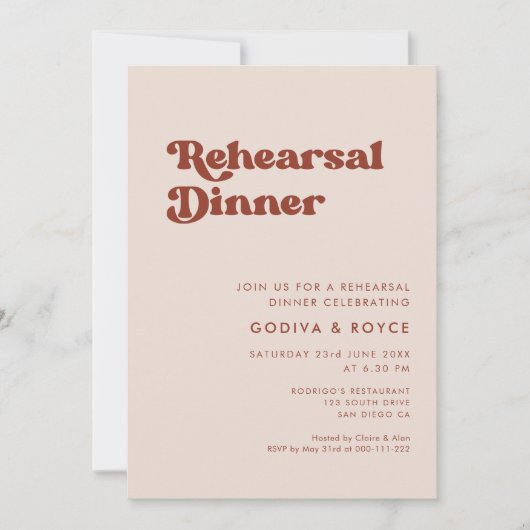 Stilvoll pfirsichrosa Probe Abendessen Einladung (Vorderseite)