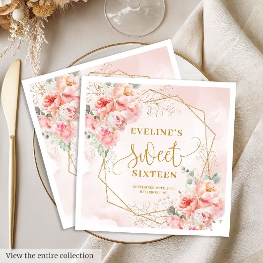 Stilvoll Pink Sage und Gold Floral Sweet 16 Serviette