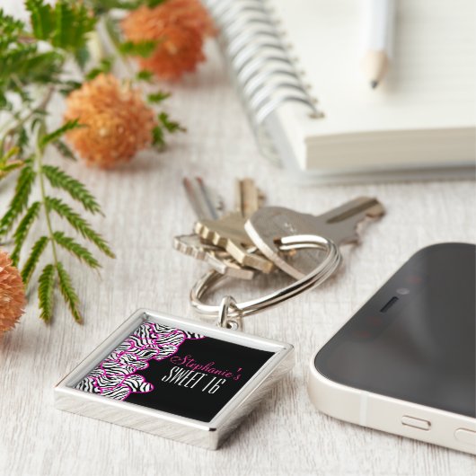 Stilvoll Pink Sweet 16 Zebra Herzdesign Name Schlüsselanhänger (Seite)
