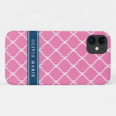 Stilvoll Pink Trellis Pattern Navy Blue Namplate Case-Mate iPhone Hülle (Rückseite (Horizontal))