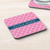Stilvoll Pink Trellis Pattern Navy Blue Namplate Getränkeuntersetzer (Linke Seite)