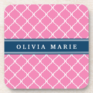 Stilvoll Pink Trellis Pattern Navy Blue Namplate Getränkeuntersetzer