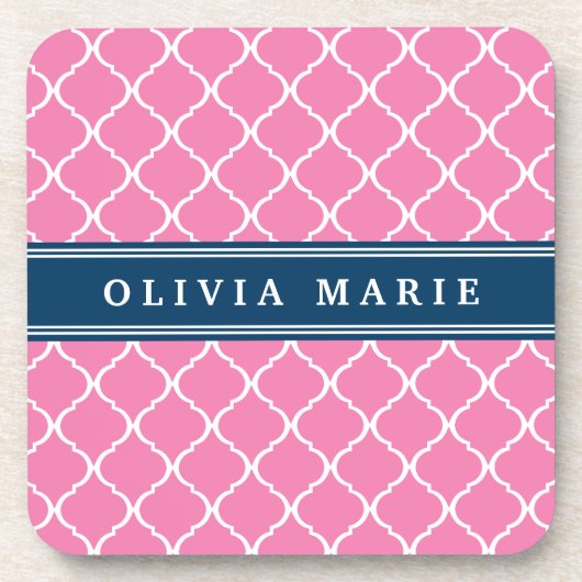 Stilvoll Pink Trellis Pattern Navy Blue Namplate Getränkeuntersetzer (Vorderseite)