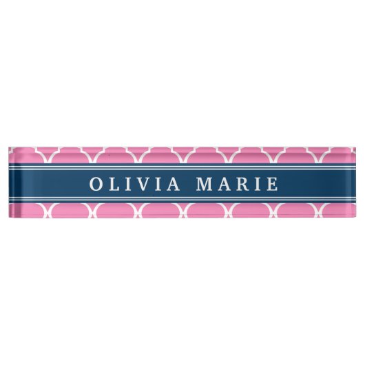 Stilvoll Pink Trellis Pattern Navy Blue Namplate Namensplakette (Vorderseite)