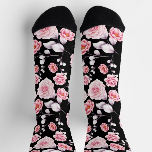 Stilvoll rosa Blumenmuster auf schwarz Socken (Oben)