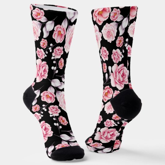 Stilvoll rosa Blumenmuster auf schwarz Socken (Gewinkelt)