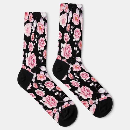 Stilvoll rosa Blumenmuster auf schwarz Socken (Rechts)