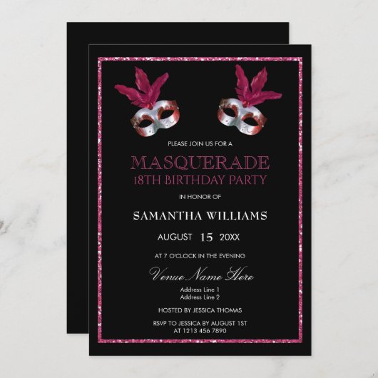 Stilvoll rosa Glitzer Masquerade 18. Geburtstag Einladung (Vorne/Hinten)