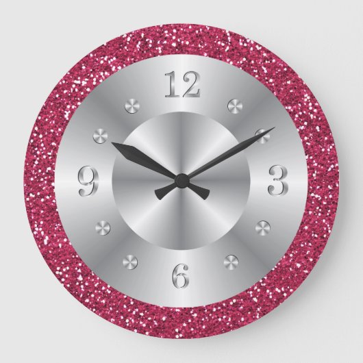 Stilvoll rosa Glitzer Silber Zahlen Große Uhr (Vorderseite)