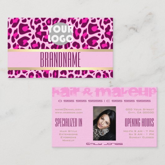 Stilvoll rosa Leopard Muster Haar Stylist Salon Visitenkarte (Vorne/Hinten)