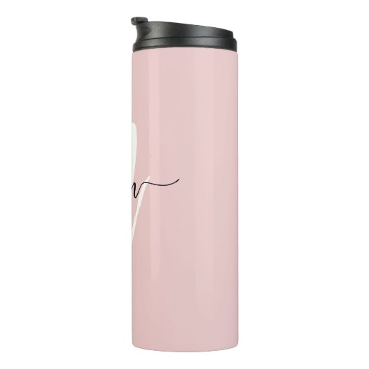 Stilvoll rosa Modernes Script Girly Monogram Name Thermosbecher (Nach rechts gedreht)