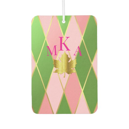 Stilvoll rosa und grüne Raute Monogram Autolufterfrischer (Vorderseite)