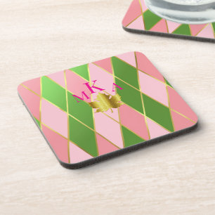 Stilvoll rosa und grüne Raute Monogram Getränkeuntersetzer