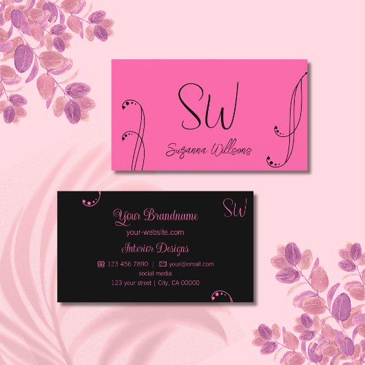 Stilvoll rosa und schwarz Verziert mit Monogram Visitenkarte