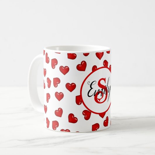 Stilvoll Rotes Herzmuster auf mit Monogramm Weiß Kaffeetasse (Vorderseite Links)