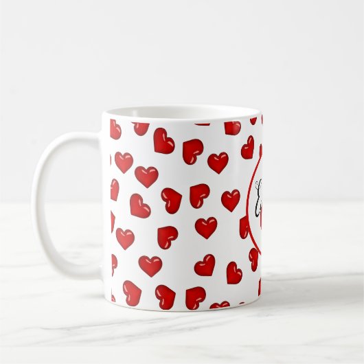 Stilvoll Rotes Herzmuster auf mit Monogramm Weiß Kaffeetasse (Links)