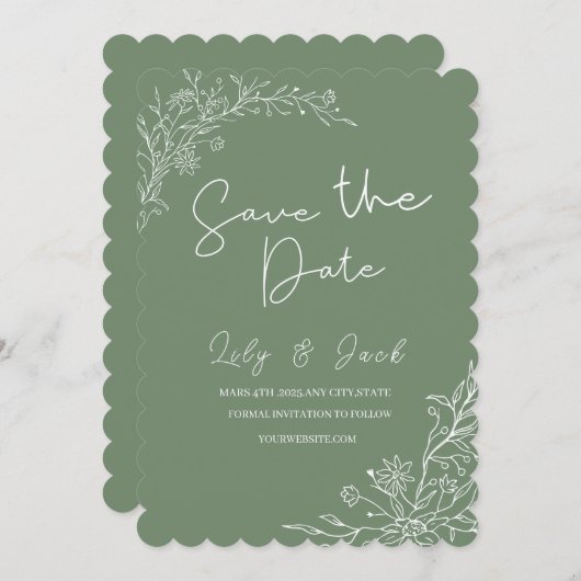 Stilvoll schlicht und elegant modern schlinggrün save the date (Vorne/Hinten)