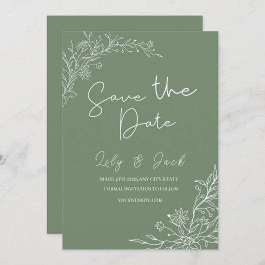 Stilvoll schlicht und elegant modern schlinggrün save the date (Vorne/Hinten)