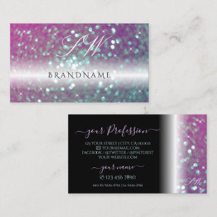 Stilvoll Schwarz-Rosa-Aquamariner Glitzer Monogram Visitenkarte