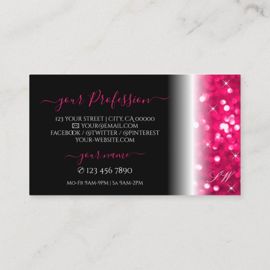 Stilvoll schwarz-rosa funkelnder Glitzer Monogram Visitenkarte (Rückseite)