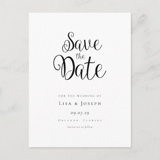 Stilvoll Schwarz und Weiß Save the Date Ankündigungspostkarte (Vorderseite)