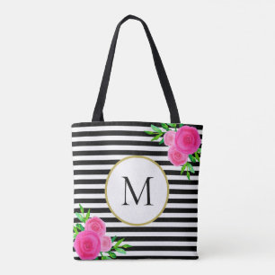 Stilvoll Schwarz-weiß gestripptes rosa florales M Tasche