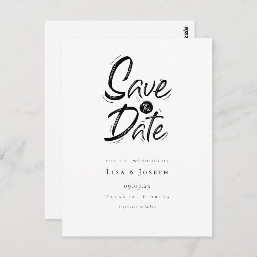 Stilvoll Schwarz-Weiß Save the Date geätzt Postkarte (Vorne/Hinten)