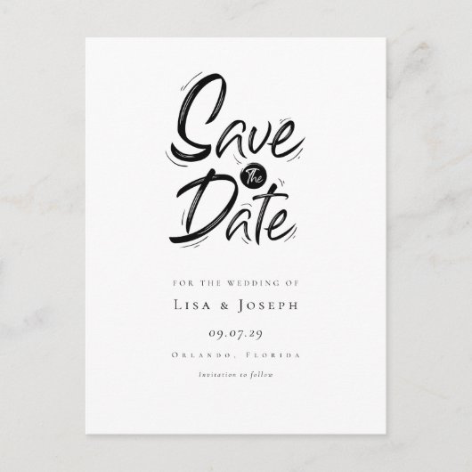 Stilvoll Schwarz-Weiß Save the Date geätzt Postkarte (Vorderseite)