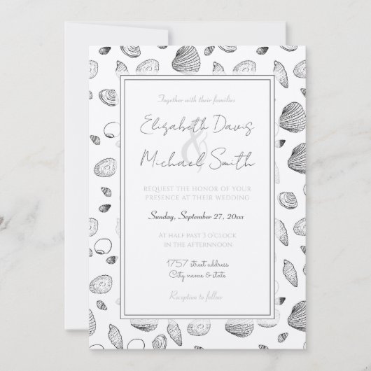 Stilvoll Schwarz-weißes Seashells-Muster Einladung (Vorderseite)