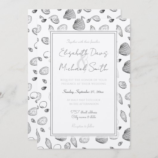Stilvoll Schwarz-weißes Seashells-Muster Einladung (Vorne/Hinten)