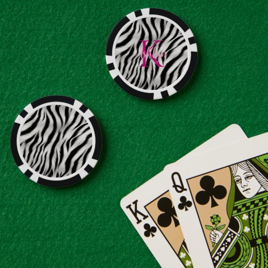 Stilvoll Schwarz-weißes Zebra Animal Pink Monogram Pokerchips (Pokertisch (doppelt))