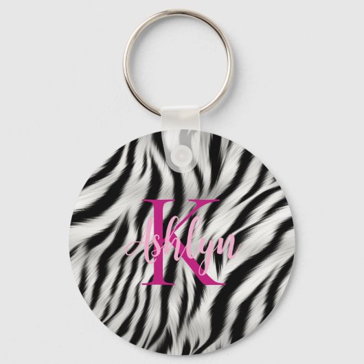 Stilvoll Schwarz-weißes Zebra Animal Pink Monogram Schlüsselanhänger (Vorderseite)