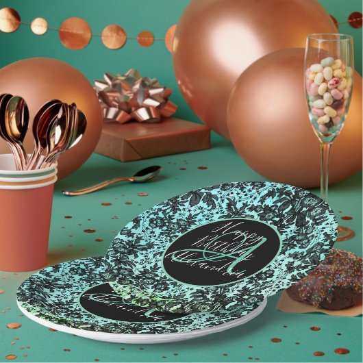 Stilvoll Türkis Dark Moody Floral Geburtstag Pappteller (Multi)