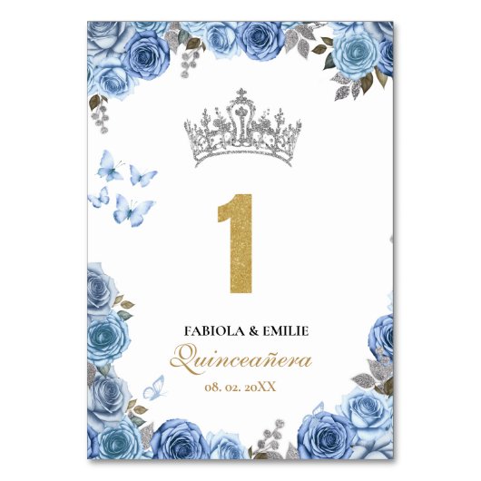 Stilvoll und chic dusty blue und gold quinceanera tischnummer (Rückseite)