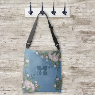 Stilvoll Vintag rosa Rose Monogram Simple Floral Tragetaschen Mit Langen Trägern